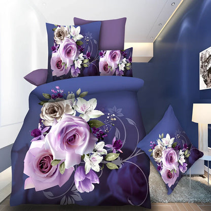Brushed 3D floral four-piece bedding set in A Blue, showing 200x230cm quilt cover with raised pattern and matching pillowcases
