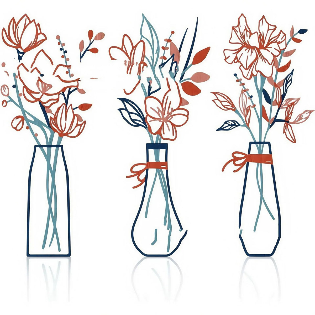 Three metal flowers wall art pieces with country farmhouse design and colour vase decorations