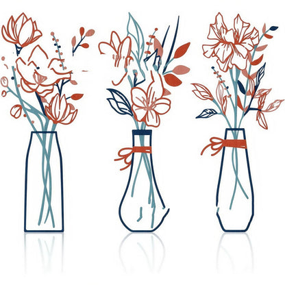 Three metal flowers wall art pieces with country farmhouse design and colour vase decorations