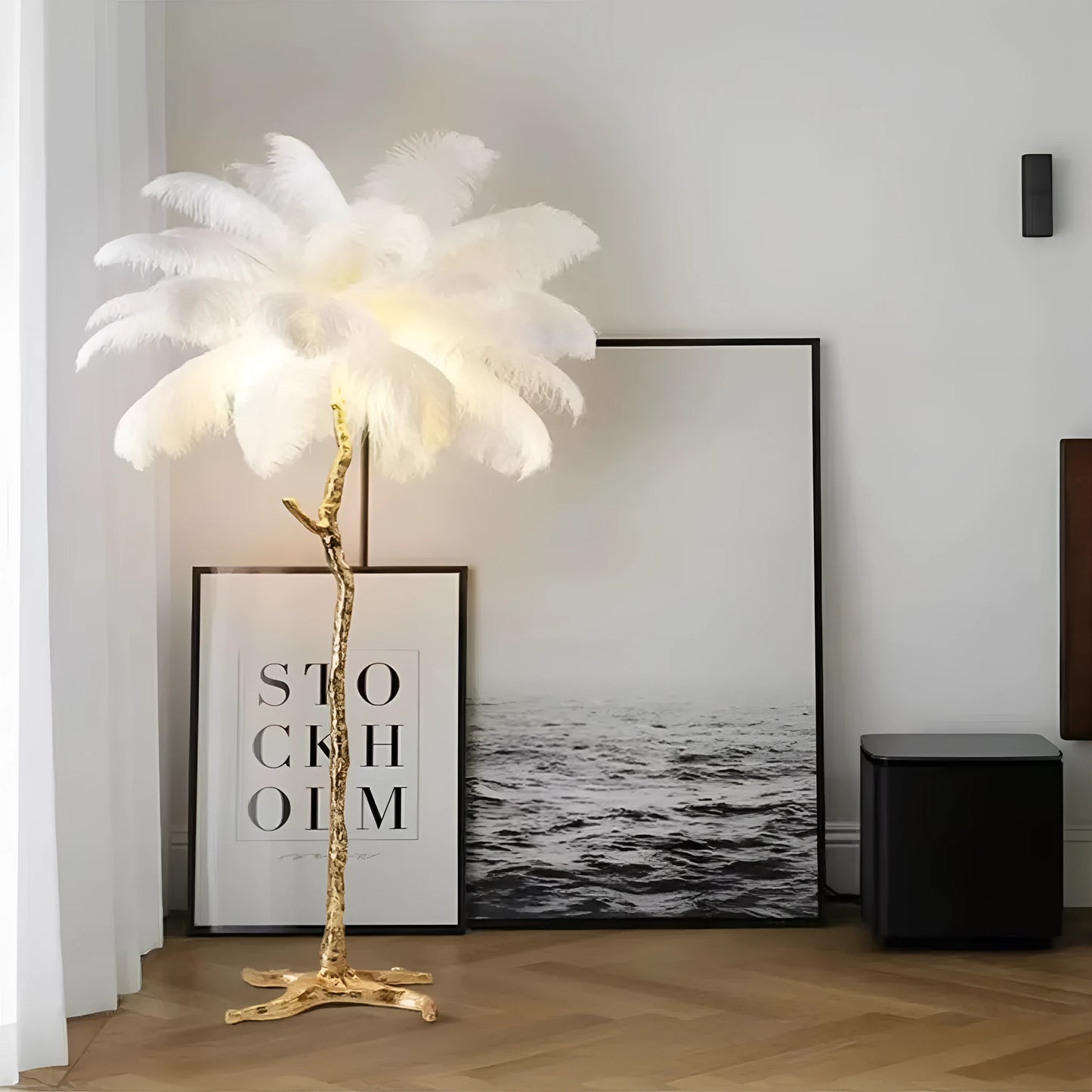 Decorative resin feather floor lamp with 32 feathers in dark green, pink or white colours measuring 170cm tall