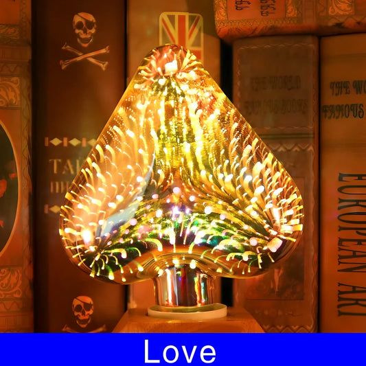 3D fireworks decorative LED light bulb showing heart shape design with E27 fitting for UK sockets