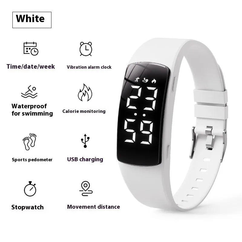 Smart electronic watch with vibration alarm on a silicone strap, showing LED display and 11mm thick case.