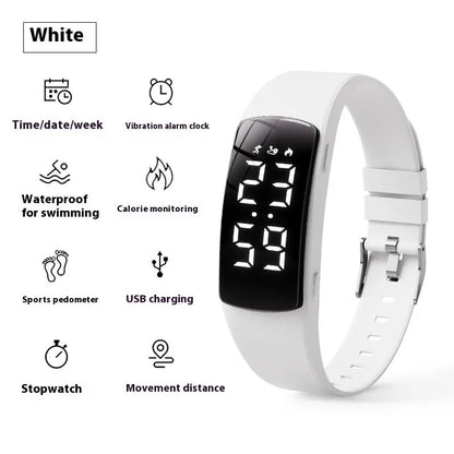 Smart electronic watch with vibration alarm on a silicone strap, showing LED display and 11mm thick case.