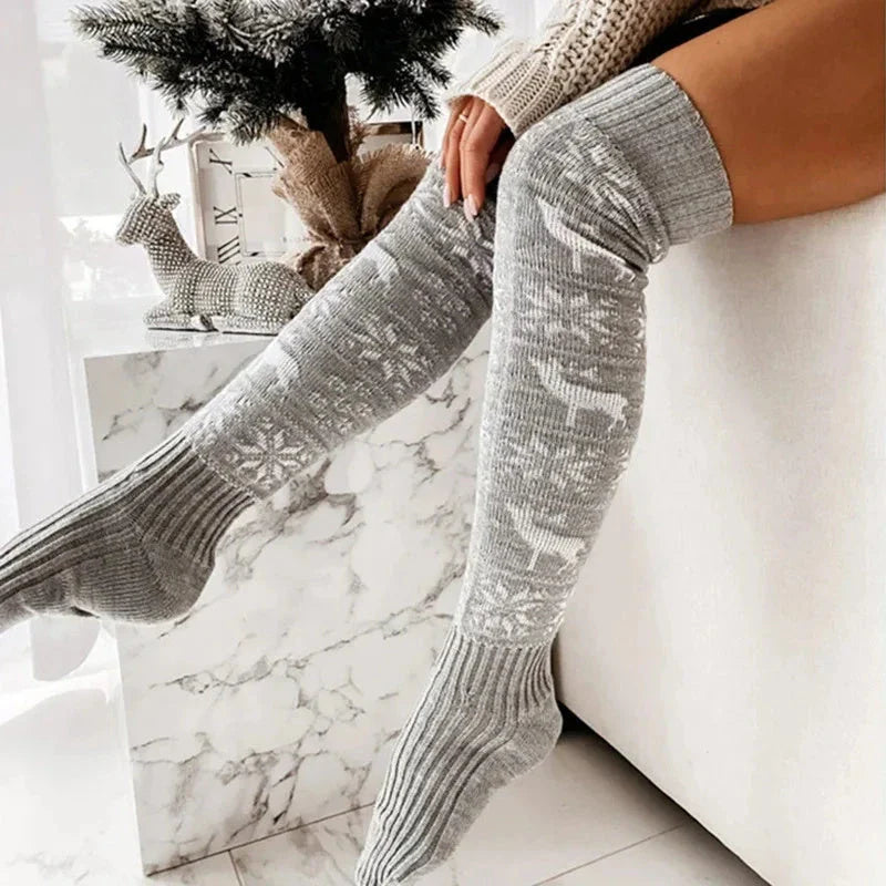 Cozy Christmas knee-high socks with festive elk and snowflake patterns