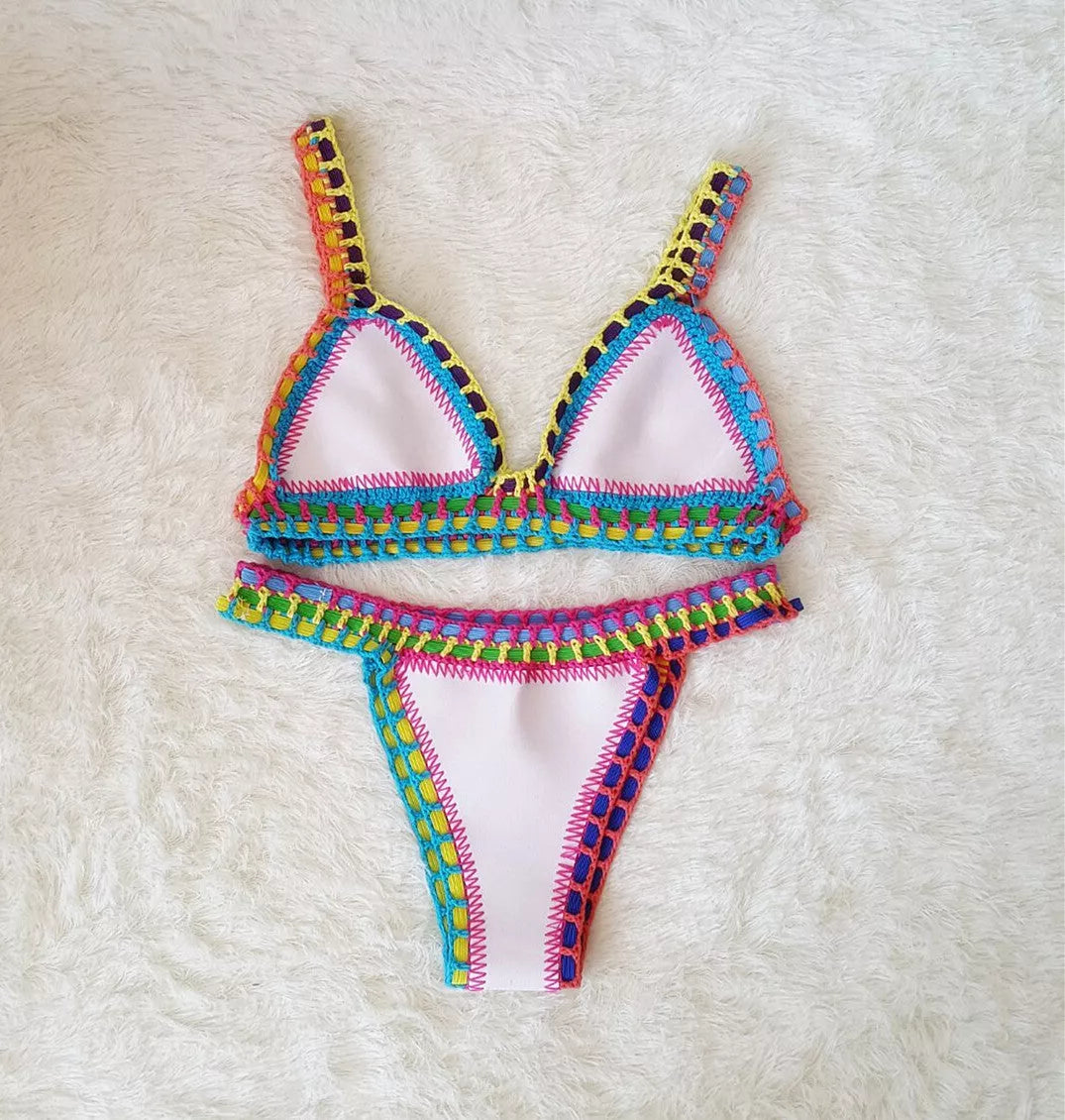 Hand crochet colourful bikini set with spell colour rubber detailing, available in multiple sizes and colours.