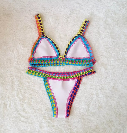 Hand crochet colourful bikini set with spell colour rubber detailing, available in multiple sizes and colours.