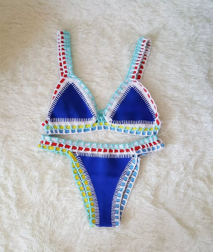 Hand crochet colourful bikini set with spell colour rubber detailing, available in multiple sizes and colours.