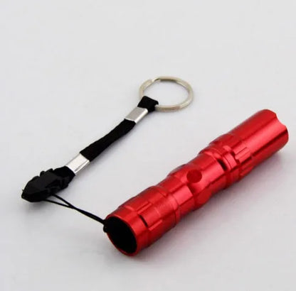 Black aluminium mini LED flashlight shown next to a AA battery for scale.