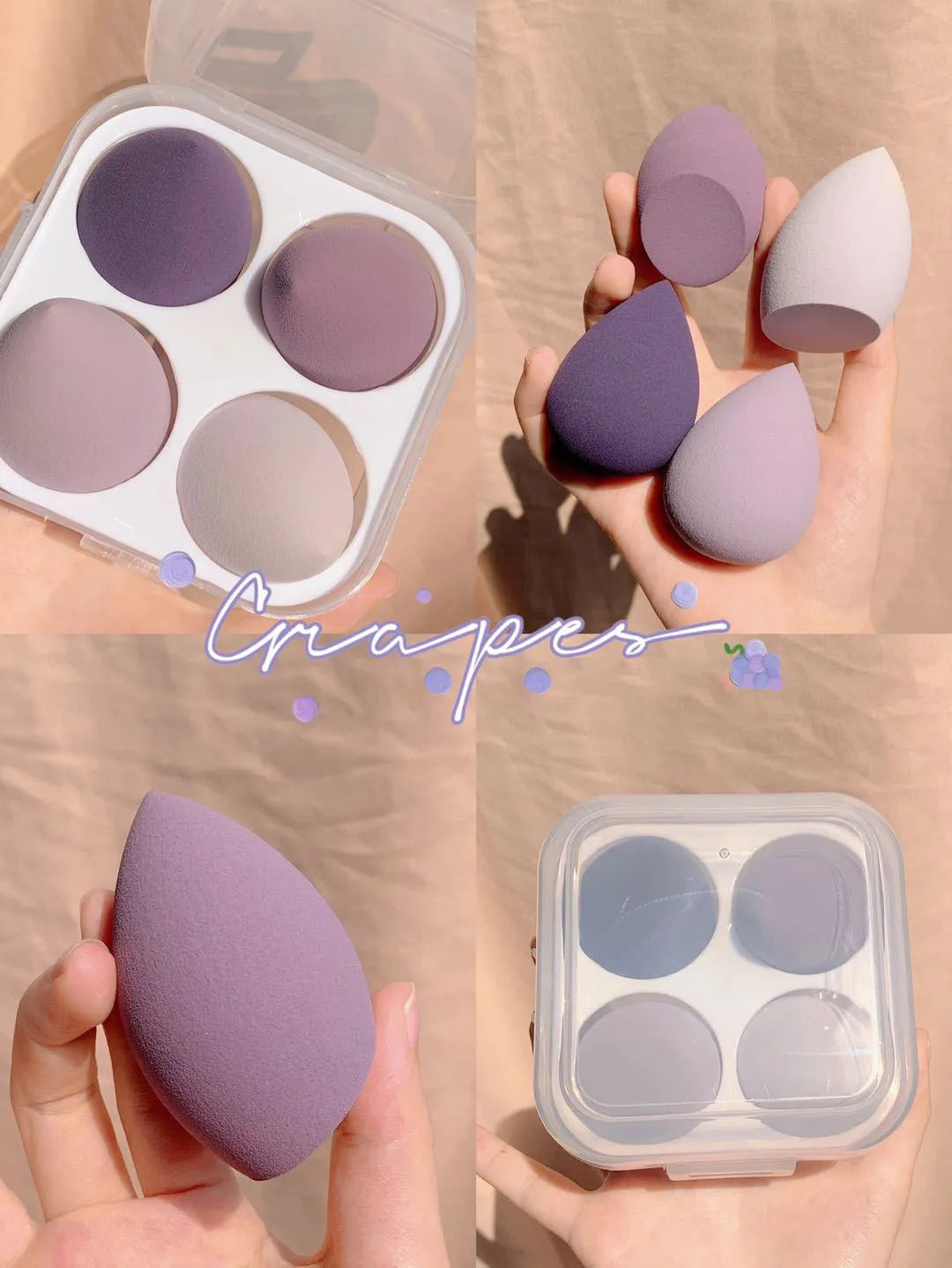 Four colourful synthetic makeup sponge eggs in a box, each measuring 6 cm.