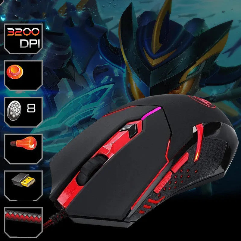 Black and red USB wired optical gaming mouse on a desk with visible buttons and scroll wheel.