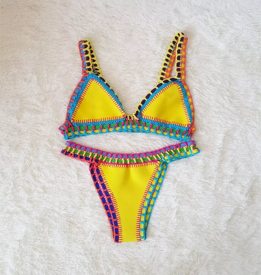 Hand crochet colourful bikini set with spell colour rubber detailing, available in multiple sizes and colours.
