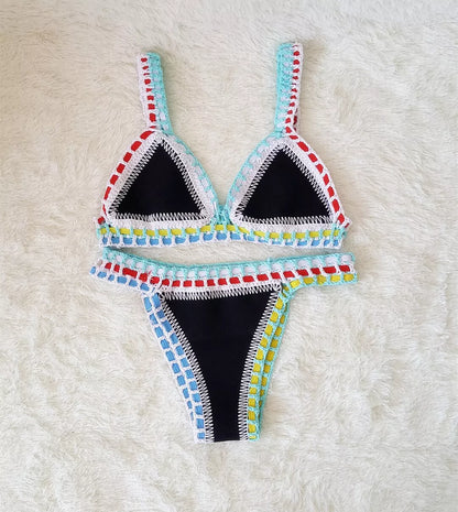 Hand crochet colourful bikini set with spell colour rubber detailing, available in multiple sizes and colours.