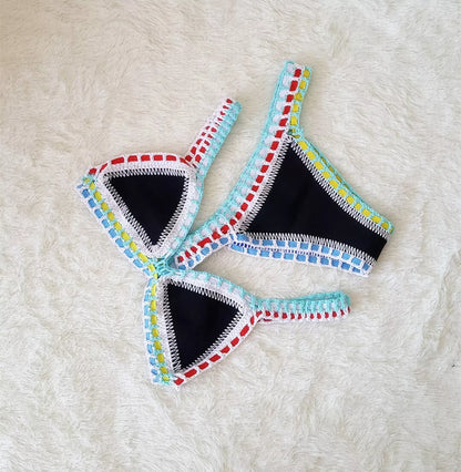 Hand crochet colourful bikini set with spell colour rubber detailing, available in multiple sizes and colours.