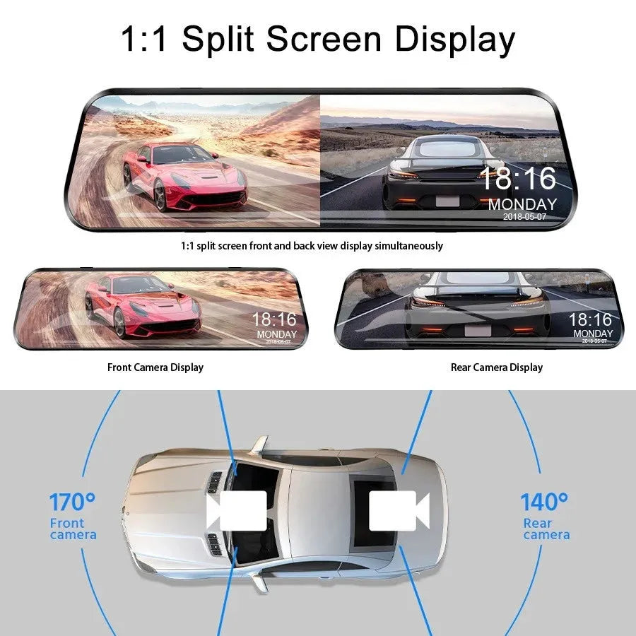 Car rearview mirror camera with 9.88 inch touch screen, 1080p recording, WiFi and motion detection, 34cm x 12cm x 6cm