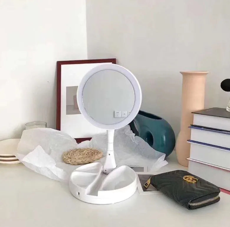 White acrylic vanity mirror with LED lights and USB charging port