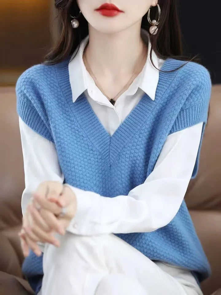 Creamy-white sleeveless V-neck knit vest with a raised 3D stereoscopic pattern on the front.