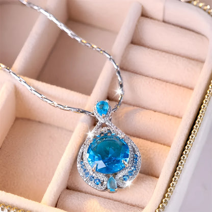 Blue geometric fireworks cut crystal pendant necklace on water wave chain