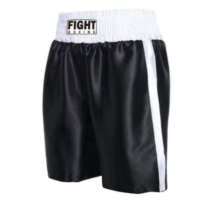 Men's boxing shorts in black and white with side stripe, laid flat showing design.