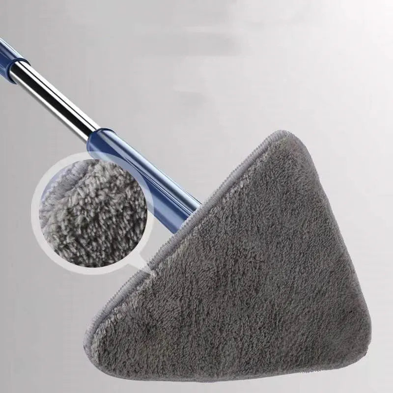 Blue extendable triangle cleaning mop with rotating head on a stainless steel pole.