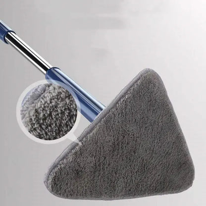 Blue extendable triangle cleaning mop with rotating head on a stainless steel pole.