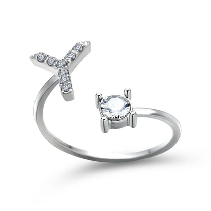 Personalized Initial Letter Crystal Ring with Adjustable Design in Gold, Silver, and Rose Gold Colors