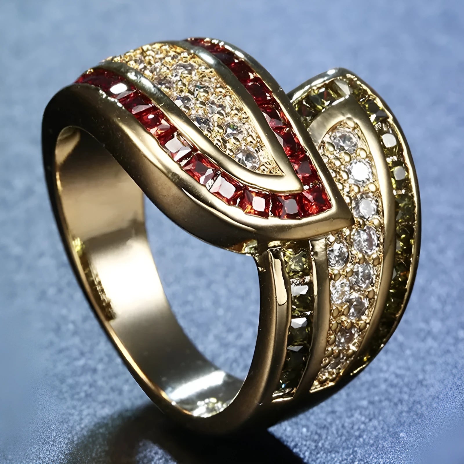 Women's peridot colour ring with gold metallic finish showing front view