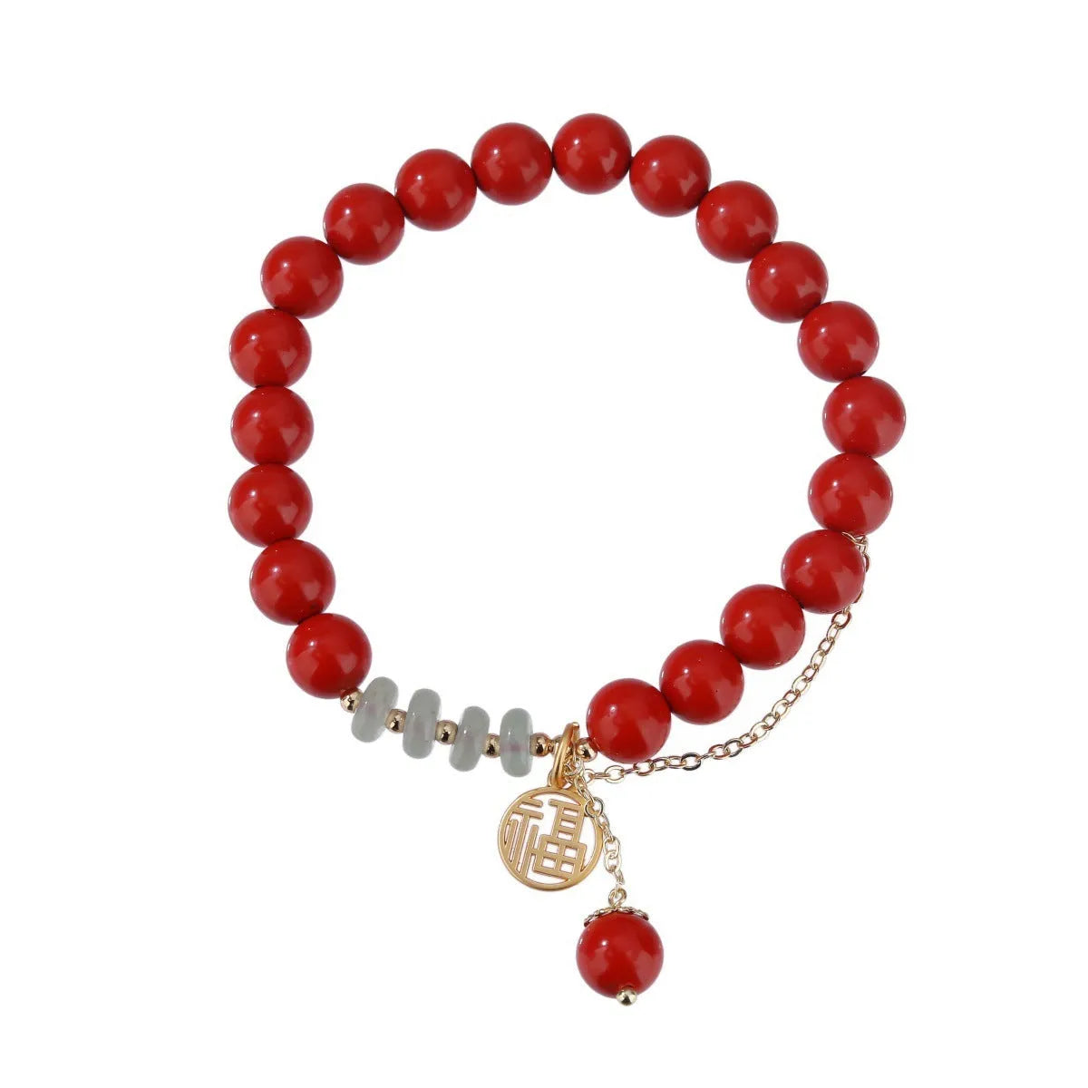 Retro women's bracelet with red cinnabar fu charm, jade bead, and tassel.