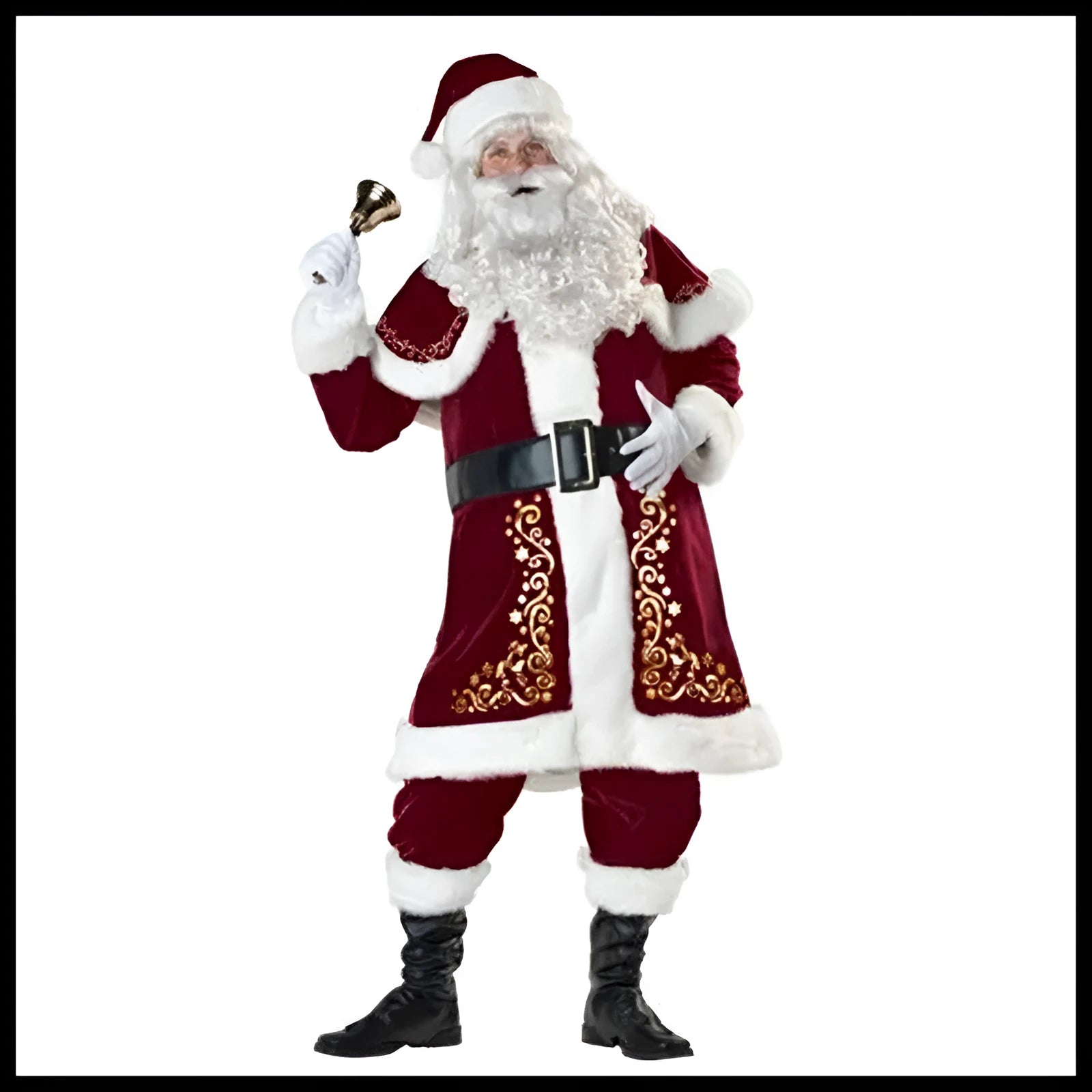 Adult Santa Christmas costume showing red tunic with white trim, trousers, belt, and beard accessories