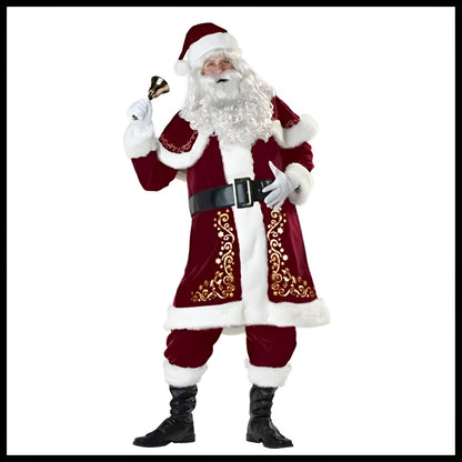 Adult Santa Christmas costume showing red tunic with white trim, trousers, belt, and beard accessories