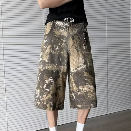 Yellow snake pattern tooling camouflage cropped jeans with 100% cotton denim, shown in sizes S to 3XL