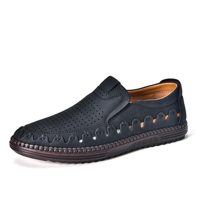 Men's brown slip-on casual shoes with round toe and visible sewing line details