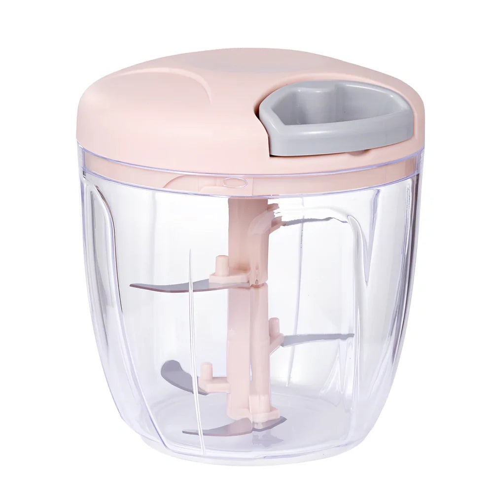 Manual garlic cutter with stainless steel blades in blue, green, or pink colours with transparent collection container