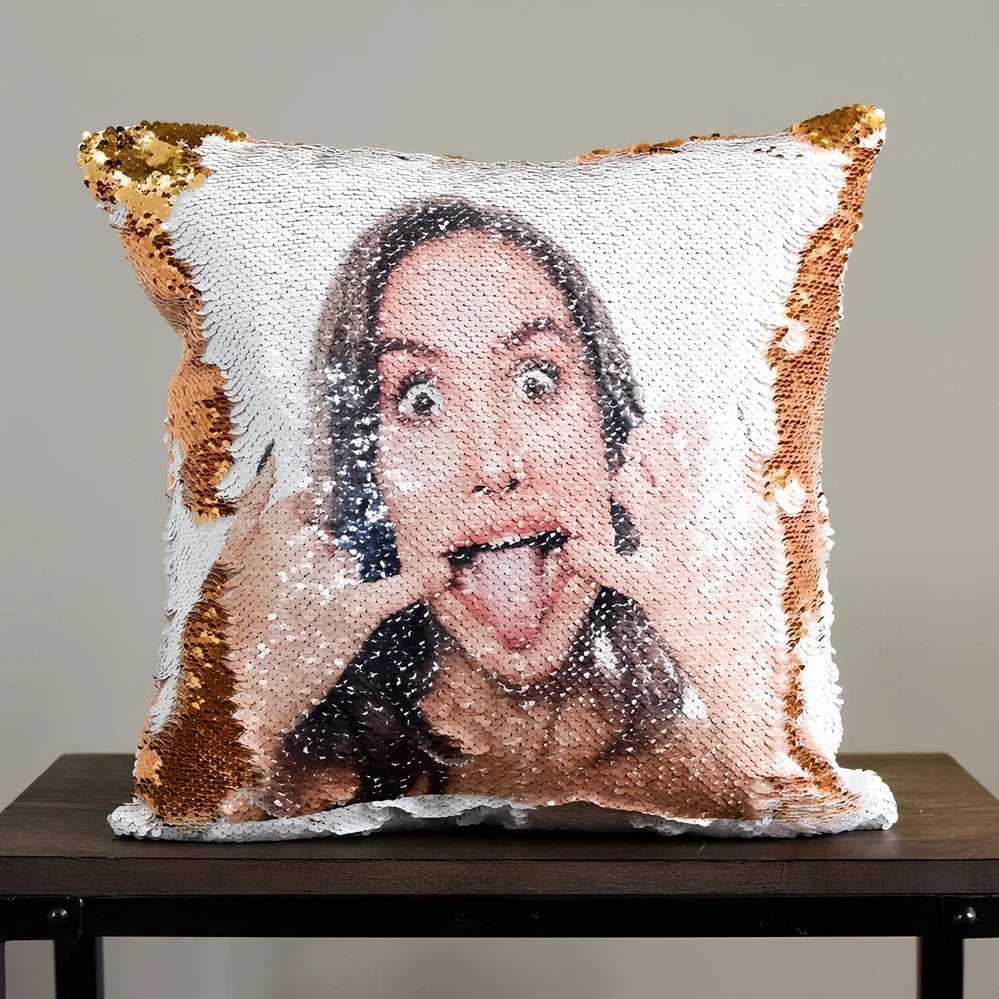 Custom photo sequin cushion cover measuring 40cm square with reversible gold silver luminous surface