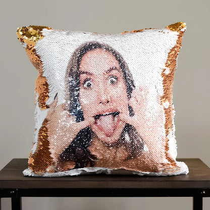 Custom photo sequin cushion cover measuring 40cm square with reversible gold silver luminous surface