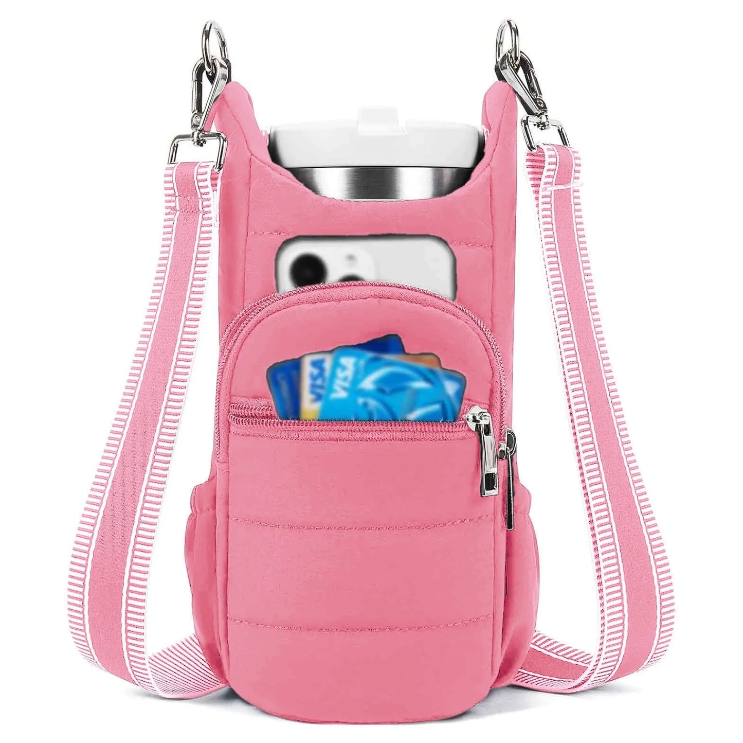 Black cloth water bottle carrier bag mounted on bicycle handlebars