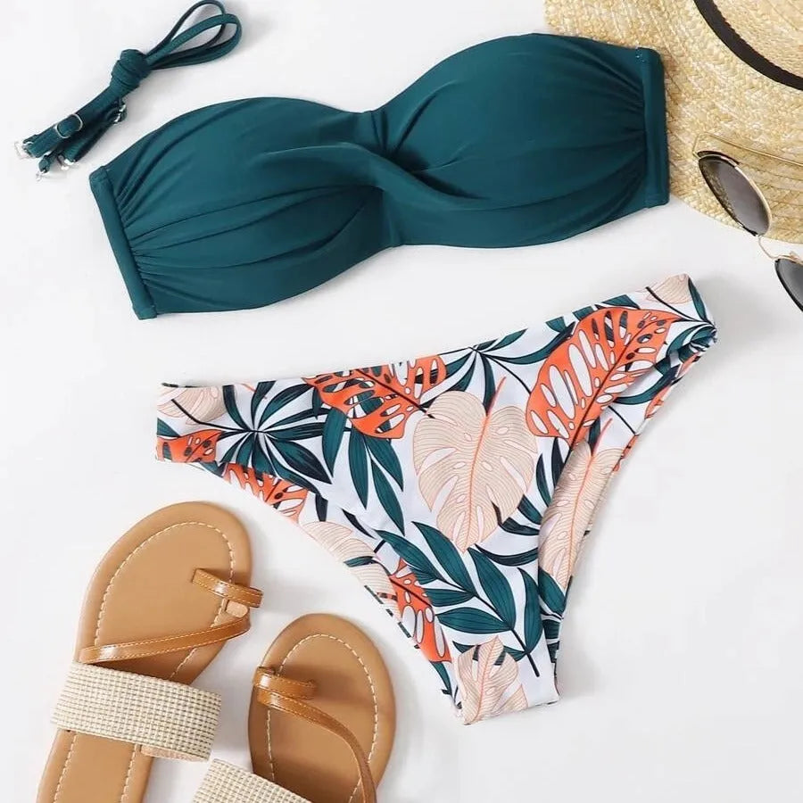 Green split push-up bikini swimsuit set with matching hard storage bag