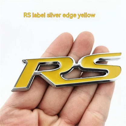 Zinc alloy RS pattern car sticker measuring 9x2.4cm in silver-edged blue colour option
