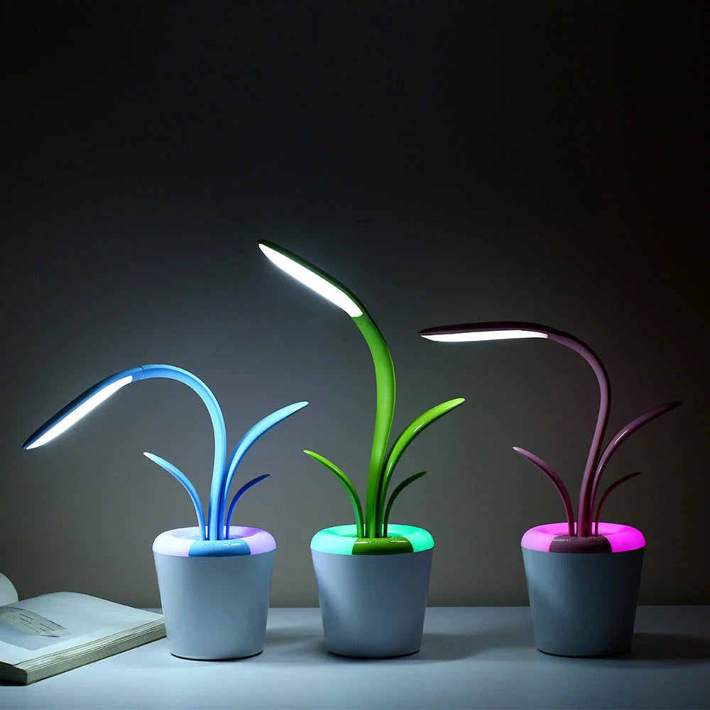 A stylish, plant-inspired LED desk lamp with three brightness levels and a rechargeable battery for cordless convenience