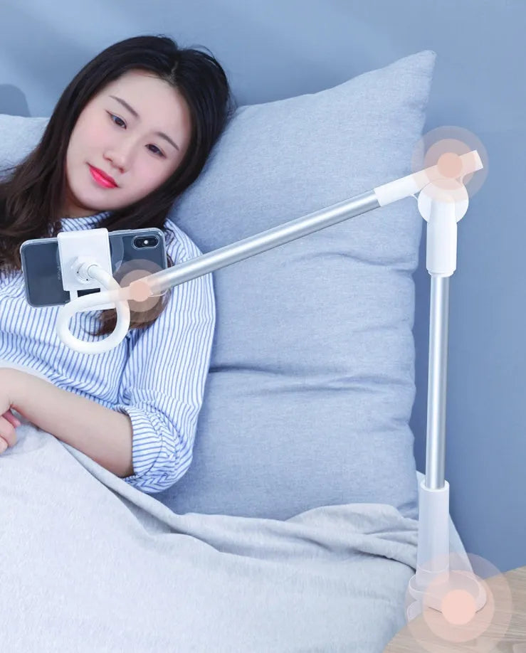 Lazy phone holder in dark grey or silver, aluminium alloy and plastic, clamp width 64-90mm, base clip 90mm.