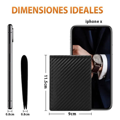 Men's black carbon fiber anti-magnetic wallet with PU leather outer, microfiber lining, and sewing line detail