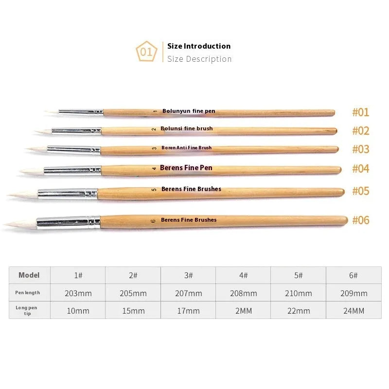 Six wooden-handled pen brushes with pointed wool bristles in conventional colours for artistic line work