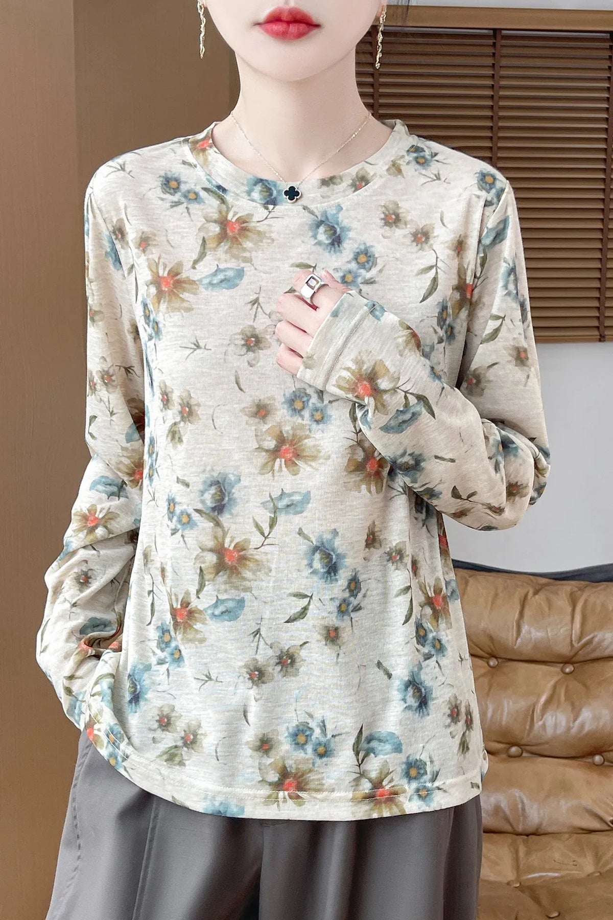 Women's round neck floral print pullover in Tencel cotton fabric, shown in a colourway from the range of five designs.