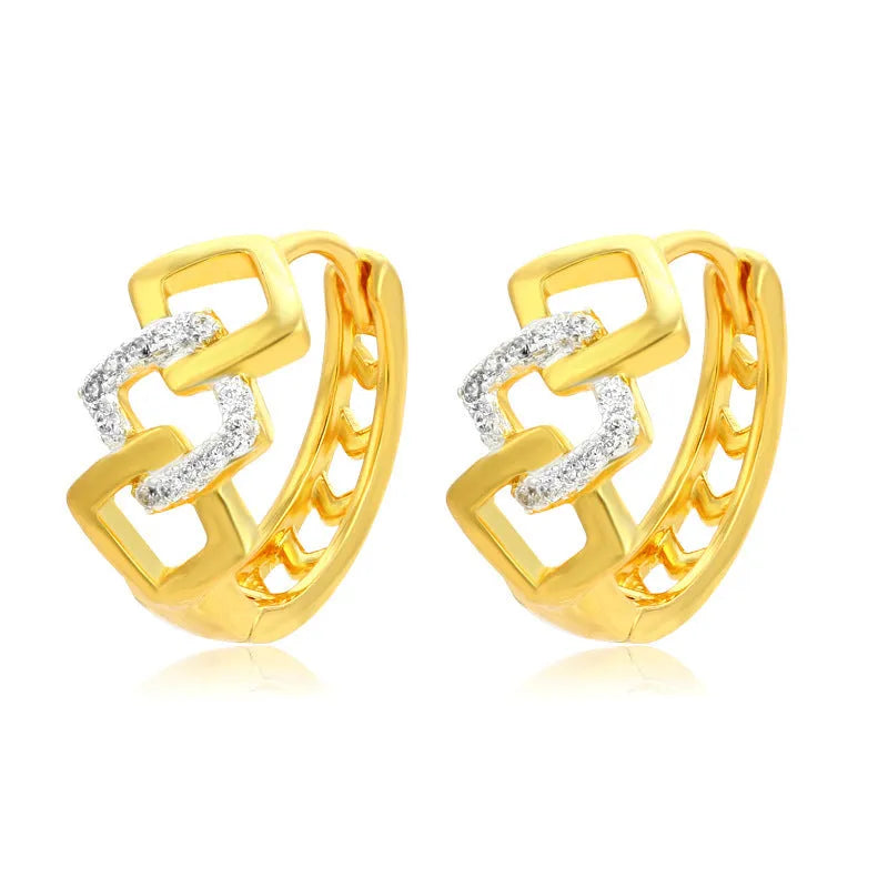 Pair of gold geometric hollow-out alloy earrings with a friction-back clip finding on a plain background.