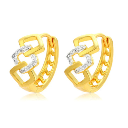 Pair of gold-coloured geometric alloy stud earrings with a hollow-out design on a plain background.