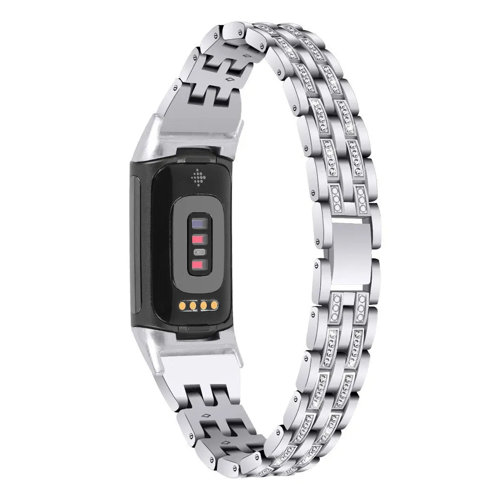 Diamond-patterned metal watch strap for Fitbit Charge 5 in rose gold colour.
