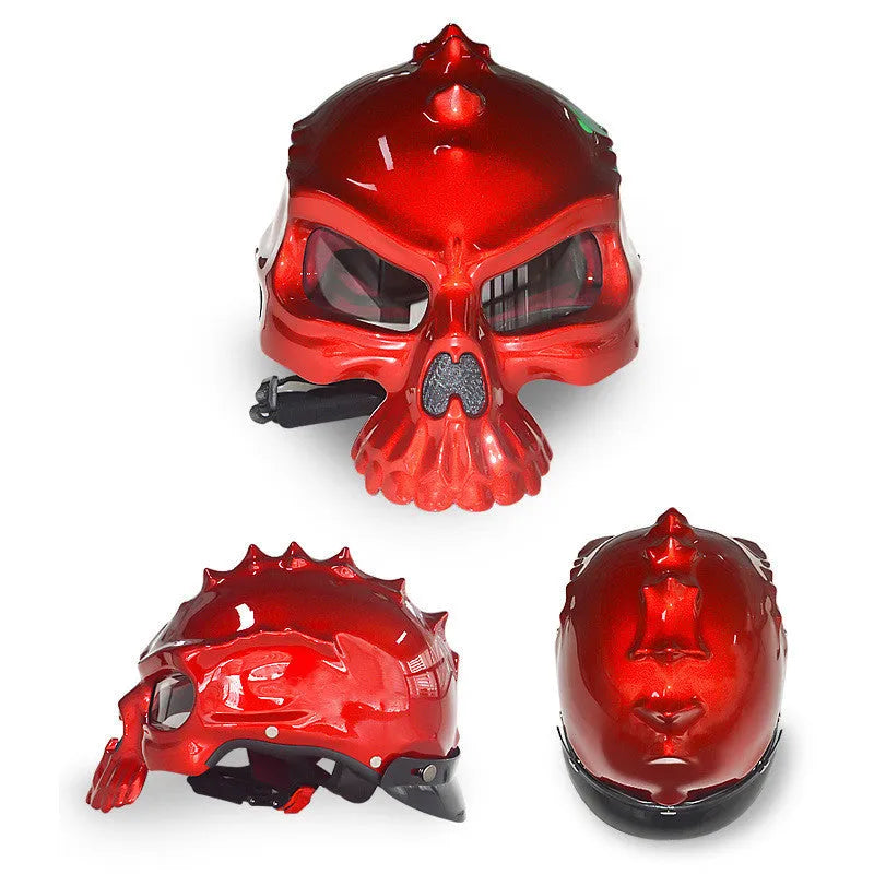 Double-sided reversible skull motorcycle helmet showing two different artwork designs
