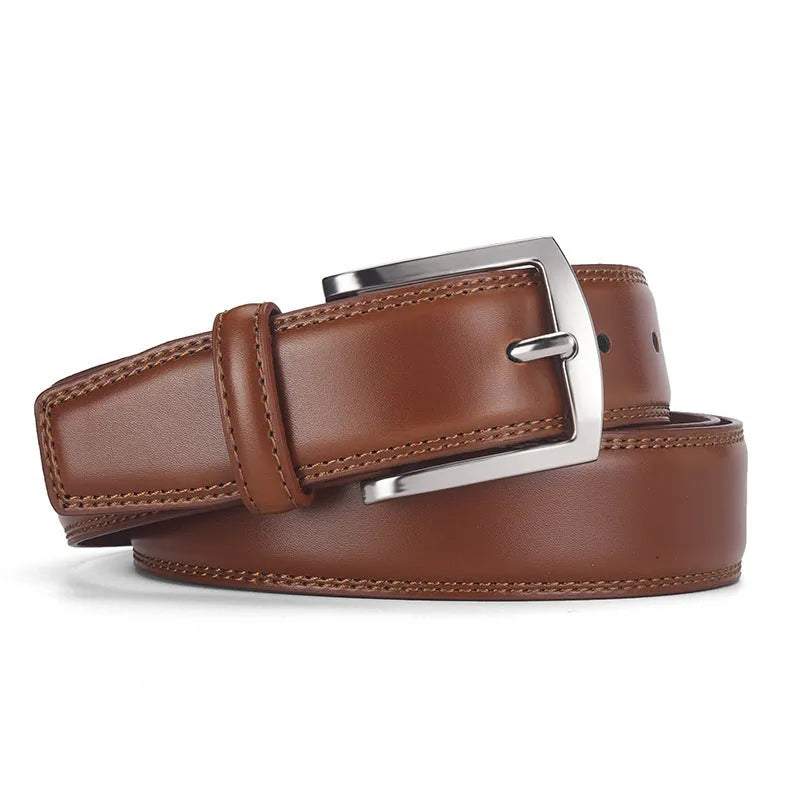 Men's genuine leather belt with pin buckle in black and brown colour options showing length measurements