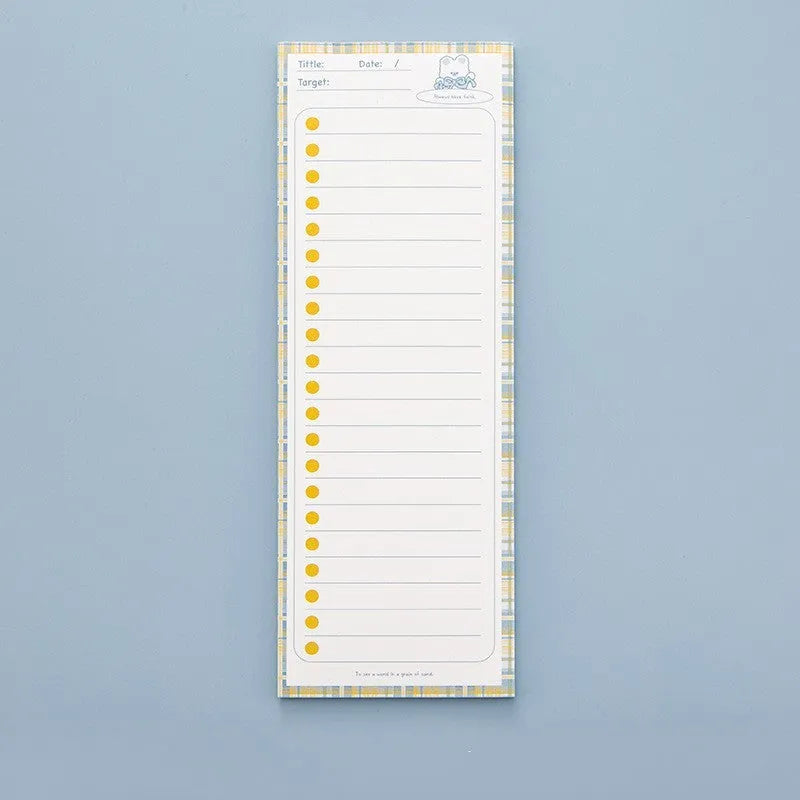 Student notepad with sticky notes in plastic box, showing cartoon bear or bunny cover designs