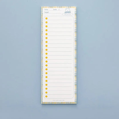Student notepad with sticky notes in plastic box, showing cartoon bear or bunny cover designs
