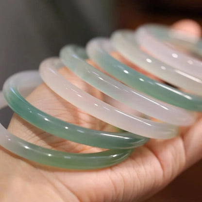 Chalcedony jade bracelet showing natural translucent stone with subtle colour variations